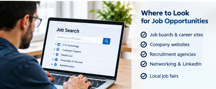Job seeker searching online for job opportunities in Portugal