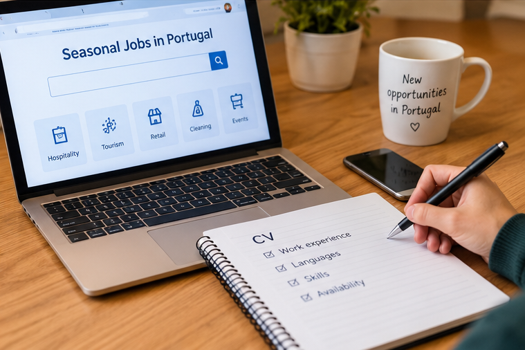 Job seeker searching for seasonal jobs in Portugal while preparing a CV