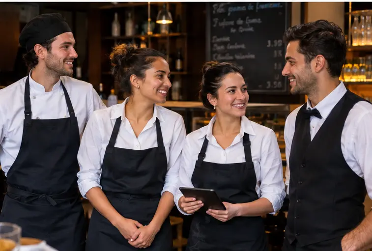 Hospitality workers in Portugal working together in a restaurant