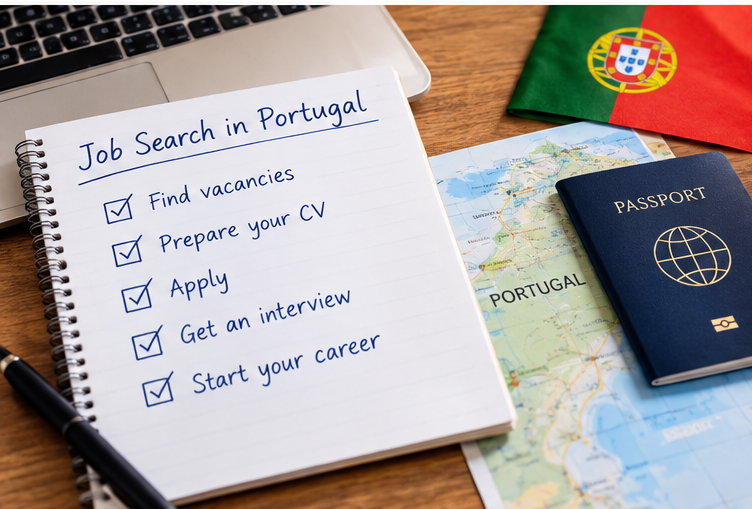 International job seeker searching for jobs in Portugal with a CV and passport