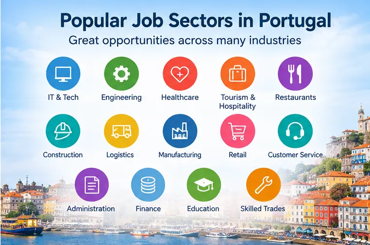 Popular job sectors in Portugal including technology, healthcare, tourism and logistics