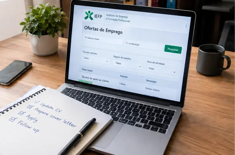 Job seeker searching for full-time jobs in Portugal on a laptop