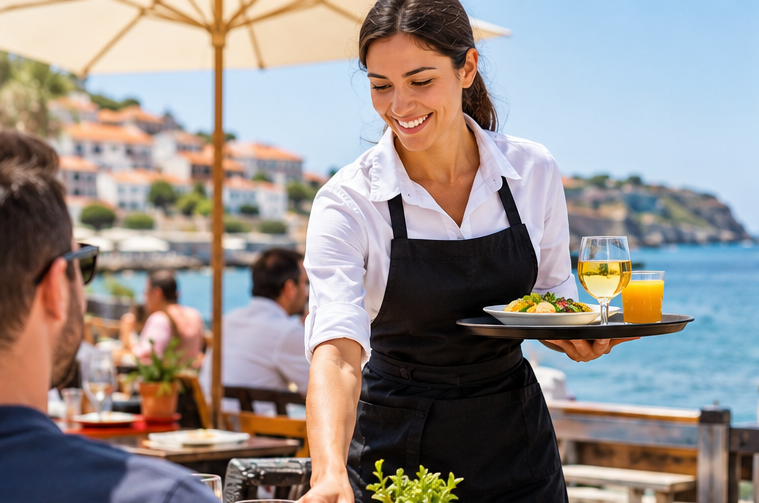 Seasonal hospitality worker serving customers at a restaurant in Portugal