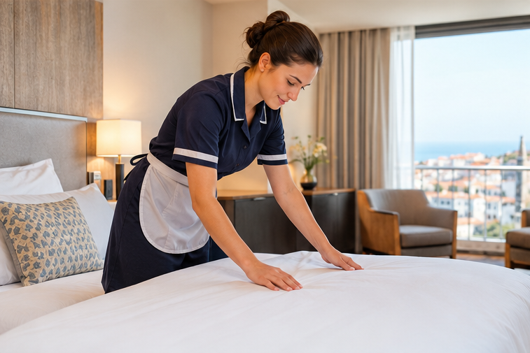 Hotel housekeeping worker preparing a guest room for seasonal employment in Portugal