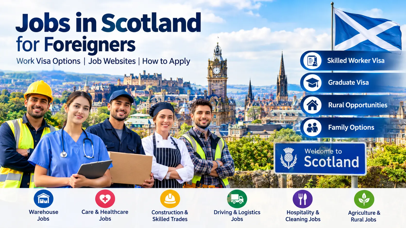 Jobs in Scotland for foreigners featuring warehouse, healthcare, construction, logistics, and rural job opportunities.