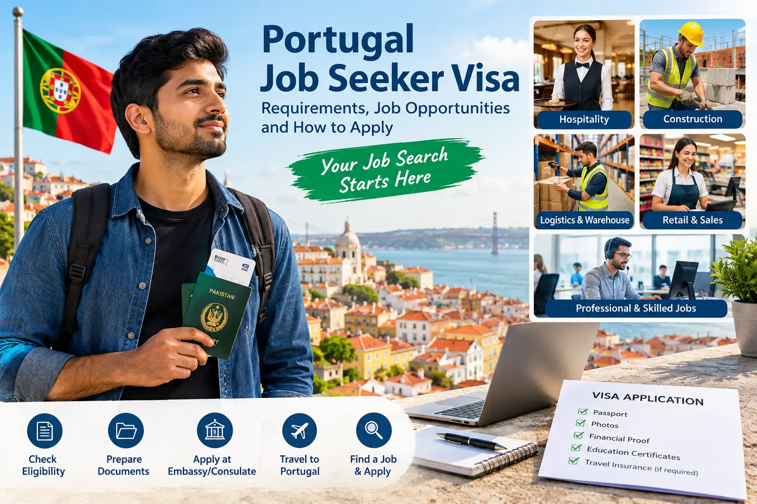 Portugal Job Seeker Visa guide showing job opportunities, visa application documents, and career options for international workers.