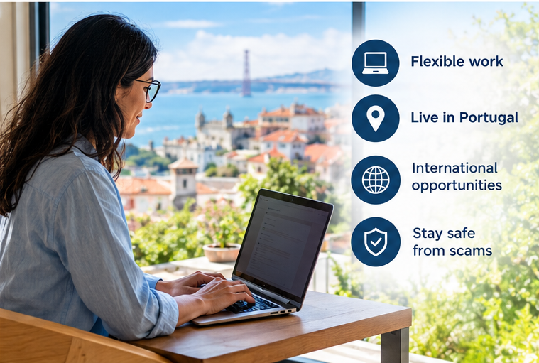 Woman working remotely from Portugal with a laptop and Lisbon view